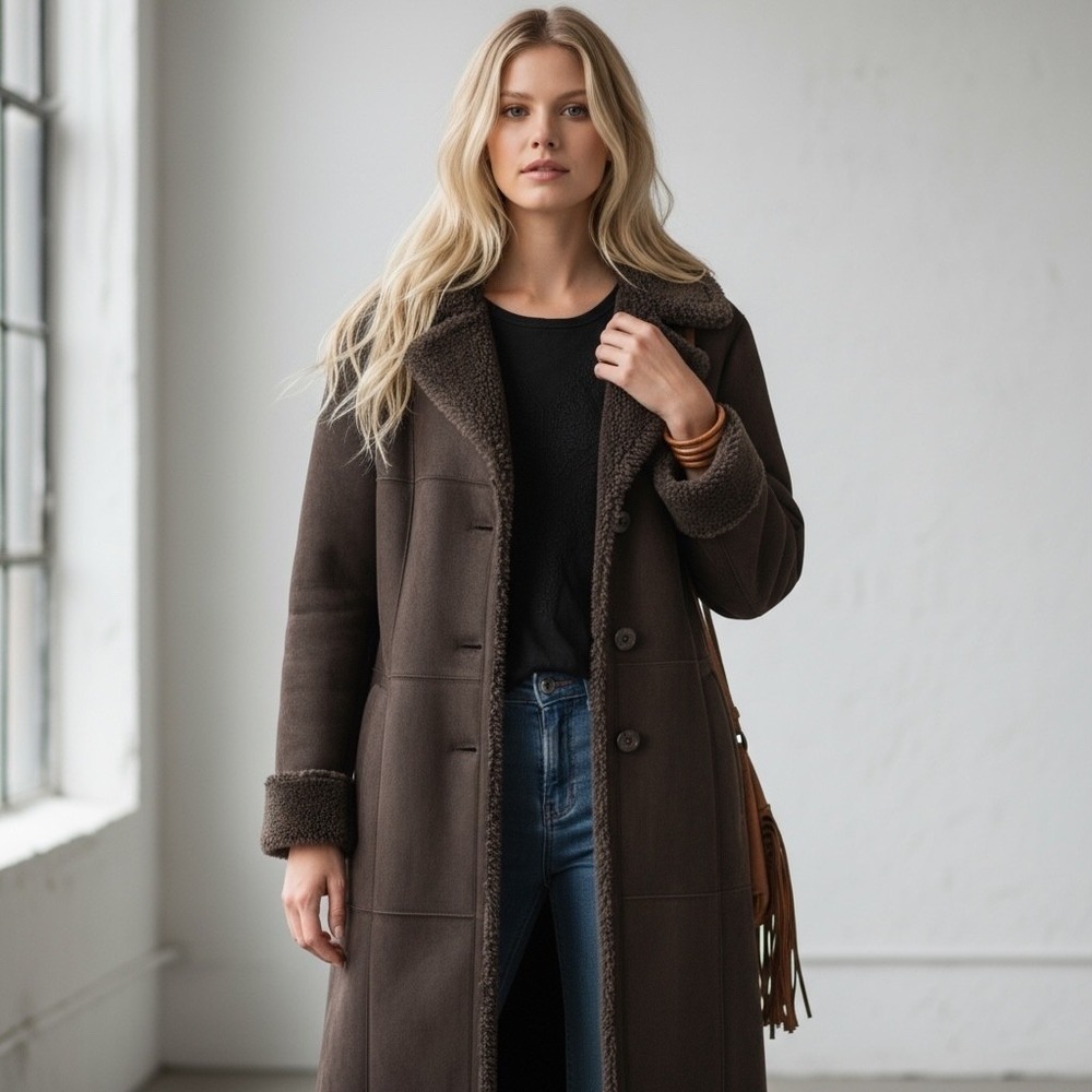 Big Chill‎ VTG Y2K Long Maxi Faux Suede Brown Coat Faux Fur Womens Size L